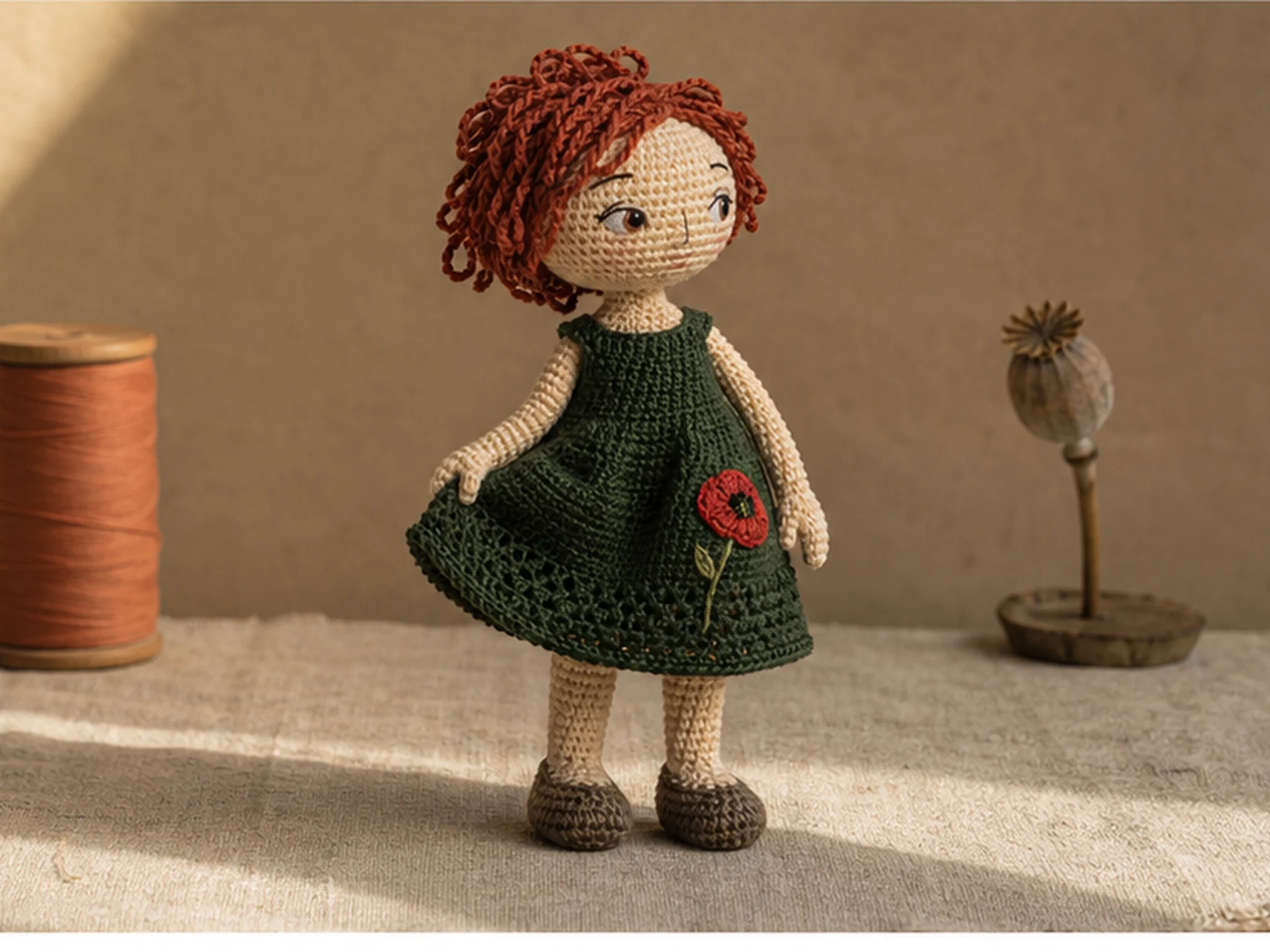 Poppy Companion, a crocheted figure in a deep green dress with rust-red yarn hair and an embroidered poppy.